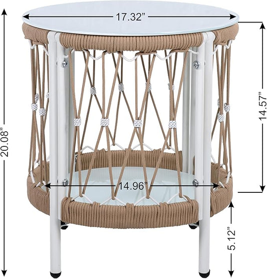 Christopher Knight Home Packy Bohemian Outdoor Side Table with Storage Shelf, Glass Top Small Patio Round Coffee Table, Sofa End Table for Patio Furniture Set with Metal Frame, White+Beige