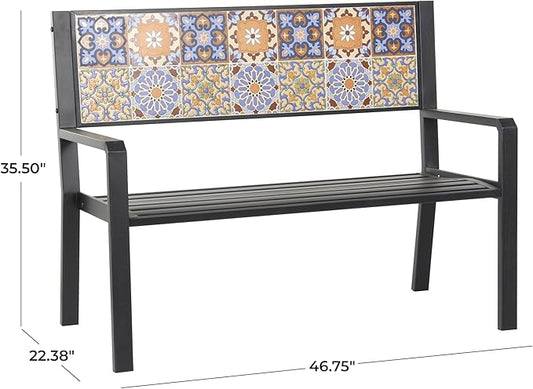 Deco 79 Metal Patio Outdoor Bench Mosaic Floral and Scroll Patio Bench with Orange and Blue Patterns, Bench 47" x 22" x 36", Black