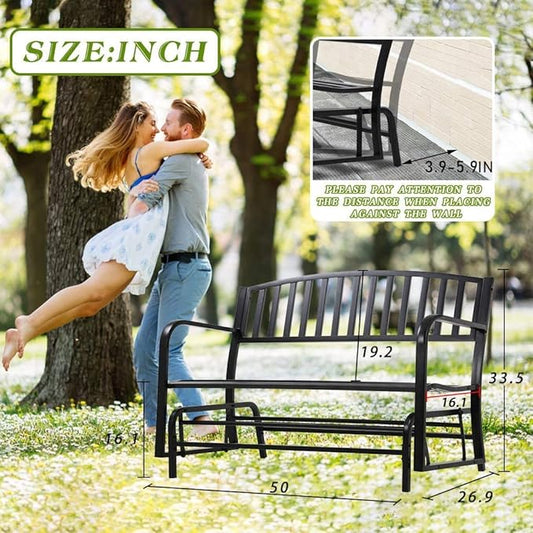 Dkeli Patio Glider Bench Outdoor Park Bench Garden Bench Metal Cast Iron 50” Fornt Porch Chair Cushion with Armrest for Outdoor Yard Balcony Entryway, Black