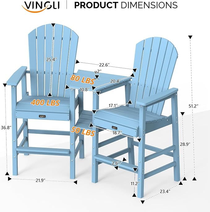 VINGLI Tall Adirondack Chairs Set of 2, All Weather HDPE Bar Height Adirondack Chair with Double Trays, Adirondack Barstools for Balcony, Poolside, Backyard and Patio (Blue)