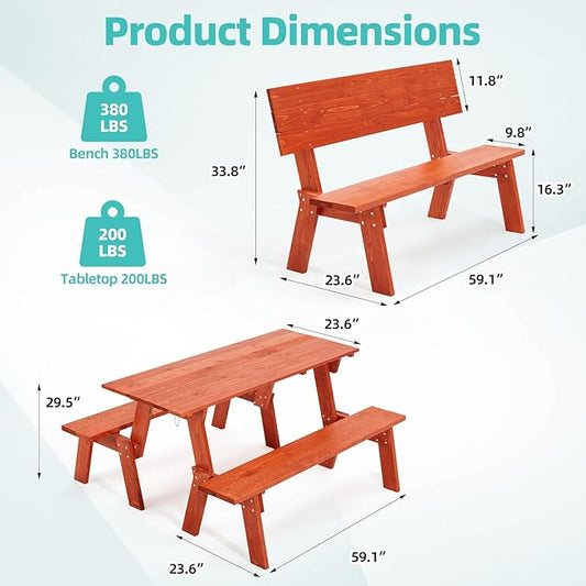 AVAWING Outdoor Convertible Bench, 2-in-1 Transforming Picnic Table Bench, Wooden Garden Bench for Backyard, Porch, Patio, Tangerine