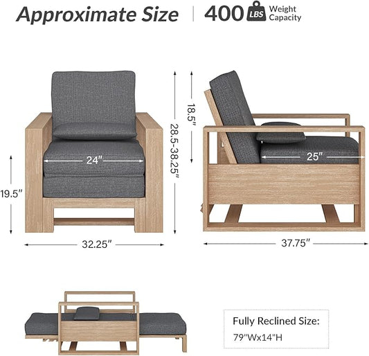 HULALA HOME Outdoor Chaise Lounge, Solid Wood Patio Lounge Chair with Lumbar Pillow, Adjustable Reclining Poolside Lounge Chair, Charcoal