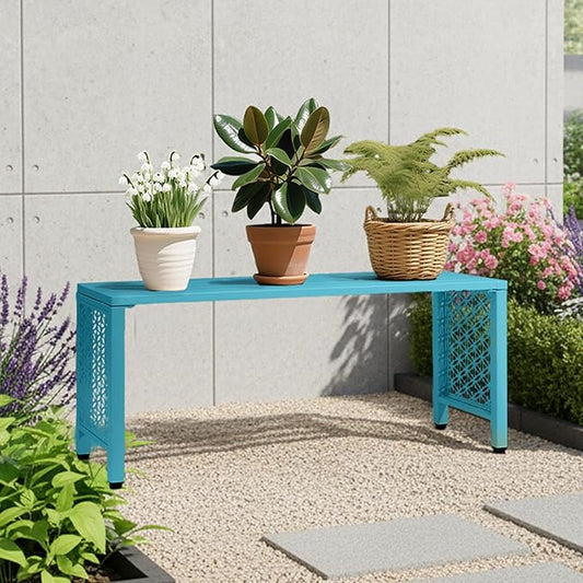 VINGLI 40in Outdoor Metal Bench, All-Weathe Backless Patio Bench with Slatted Seat&Floral Side Panels, Rust-Resistant Garden Bench, Weatherproof Outdoor Seating for Porch Entryway Backyard (Blue)
