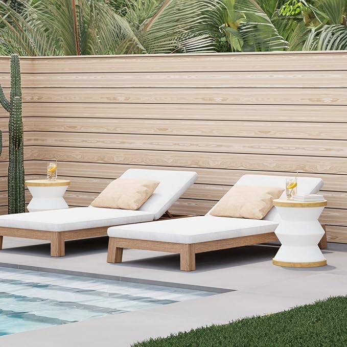 SUNBURY White Outdoor Side Table Set of 2, 14" W Concrete Side Table, Round Accent Marble End Drum Table, Garden Stool Plant Stand, Lounge, Yard