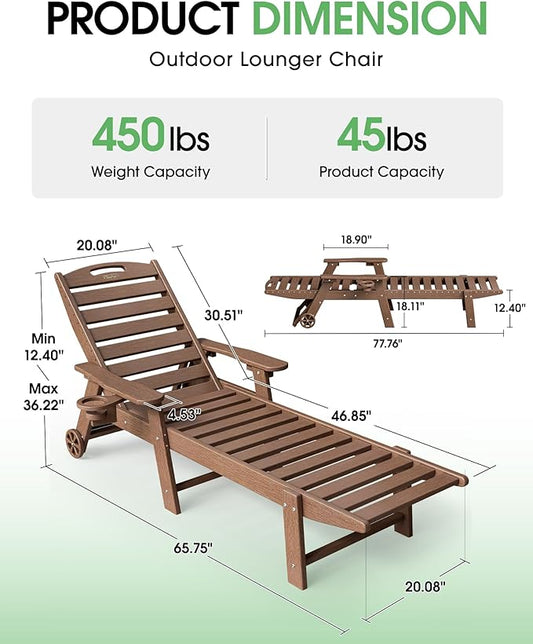 Chaise Lounge Outdoor, Lounge Chair Outdoor with Wood Texture, Adjustable 5-Position Backrest, HDPE Lounge Chair with Wheels & Cup Holder for Pool Deck Backyard, Brown