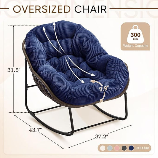 Large Indoor Rocking Chair, Oversized Rocking Papasan Chair with Thick Cushion and Frame,Comfy Corduroy Rocker Wicker Egg Chairs Lounge Reading Chair for Living Room, Bedroom, Apartment,Navy Blue