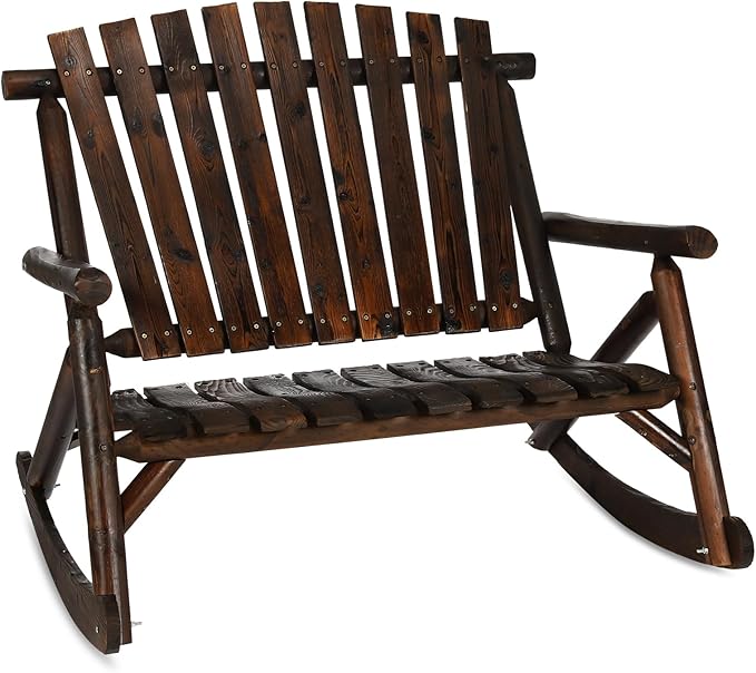 Outdoor Double Wooden Rocking Bench, Adirondack Porch Rocker Chair for 2 Persons, Patio Rustic Log Rocker Loveseat with High Slatted Seat & Backrest for Deck, Backyard, Garden, Carbonized