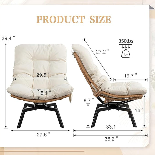 Vongrasig Swivel Wicker Chair PE Rattan Chair with Cushion, Oversized Patio Lounge Chair for Outdoor, Indoor, Balcony, Backyard, Garden, Living Room, Beige