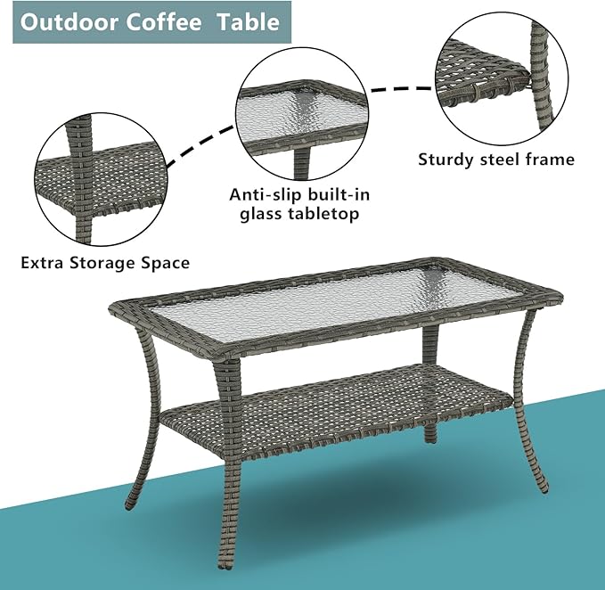 Rilyson Patio Tables Outdoor Coffee Table - Wicker Rattan Coffee Tables with 2-Tier Storage Shelf Glass Top for Outside Proch Deck Balcony Garden Rectangle Mixed Grey