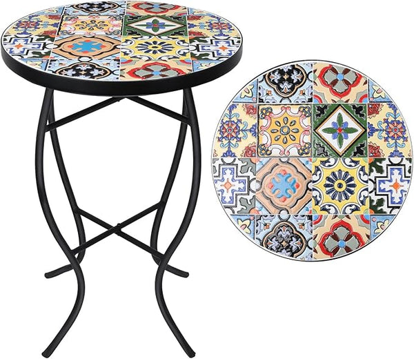 VCUTEKA Mosaic Outdoor Side Table - Small Patio Table Coffee Outside Accent Tables Round End Plant Tables for Bistro - Photo 1