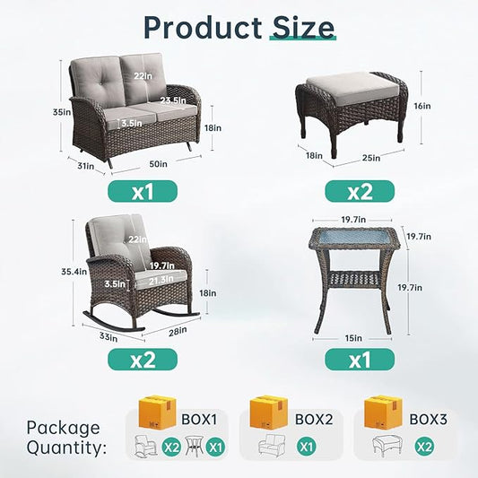 Patio Rocking Chair - 6 Peices Outdoor Wicker Rocker Porch Chair Set with A Rocking Loveseat, Tempered Glass Side Table, and 2 Ottoman, Rattan Seating for Balcony Garden Brown/Beige
