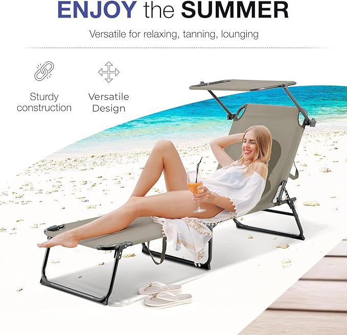 Folding Outdoor Lounge Chair Set of 2 with Adjustable Shade Canopy, Portable Sun Tanning Chairs, Gray (1, Taupe)