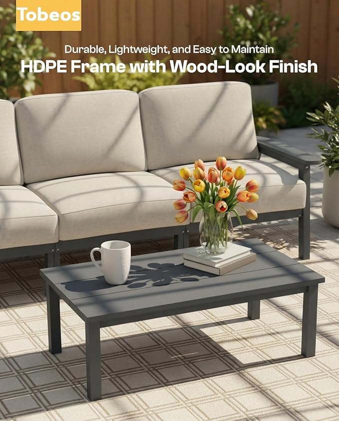 HDPE Patio Furniture Set 10 Seats, Outdoor Couch with Washable Thick Beige Cushions & Coffee Table & Side Table, Outdoor Sectional Furniture for Backyard, Deck, Lawn, Porch (Gray Frame)