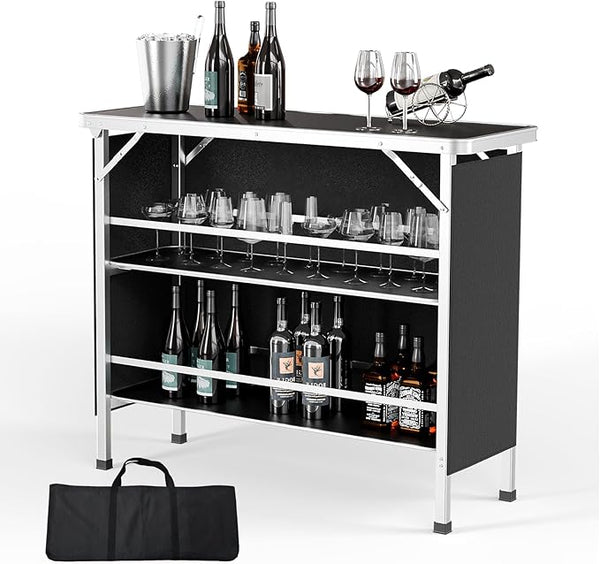 VINGLI 43" Portable Bar Table, 3-Tier Shelves, Carry Bag,Mobile Bar Table for Events, Party, Camping, Picnic, Tradeshow - Photo 1