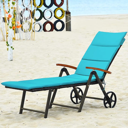 Tangkula Foldable Lounge Chair Outdoor, Wicker Chaise Lounge with Aluminum Frame, 7-Position Adjustable Reclining Pool Lounge Chairs with Wheels, Rattan Lounger with Cushion for Outside Patio Balcony