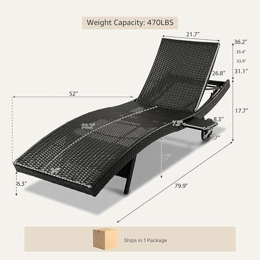 Set of 2 Dark Brown Outdoor Chaise Lounge Chairs, Wicker Patio Lounge Chairs with Adjustable Backrest and Wheels, Durable PE Rattan Pool Chair for Patio, Poolside and Garden