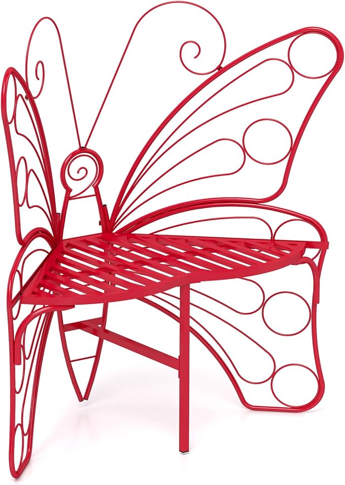 Butterfly Shaped Outdoor Bench, Garden Bench with Sturdy Stable Metal Frame, Outdoor Metal Chair Butterfly Bench for Garden, Yard, Balcony, Lawn. (Red/Small)