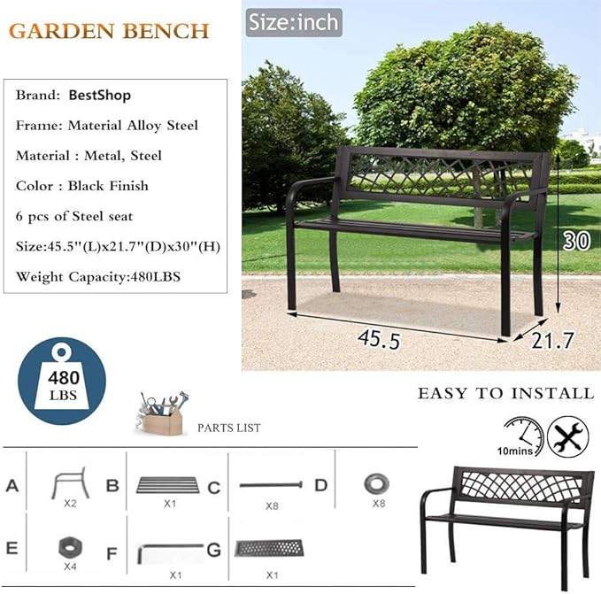 Patio Bench - Outdoor Metal Garden Bench with Armrests, 480lbs, Cast Iron, Sturdy Steel Frame, Black