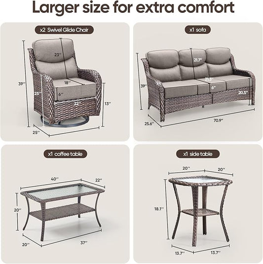 Swivel Patio Chairs sofa Set of 5 with 6" Thick Cushion - Wicker Outdoor Swivel Rocker Patio Chair ,Sofa/Glass coffee table, High Back Comfortable Outdoor Glider Chairs - Brown Wicker Grey Cushions