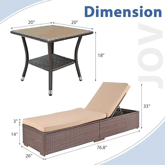 JOIVI Outdoor Chaise Lounge Chair, 3 Piece Patio Pool Lounge Chairs with Glass Top Coffee Table for Outside, Rattan Reclining Chaise Lounger with Adjustable Backrest and Beige Cushion, Brown PE Wicker