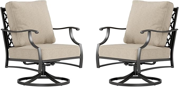 Metal Frame Outdoor Patio Swivel Chairs Set of 2 with 5.75" Extra Thick Cushion, 2 Piece High Back Swivel Patio Chairs Outdoor Furniture Seating for Deck Balcony Front Porch, Beige