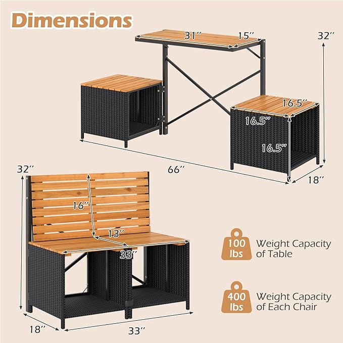 HAPPYGRILL 2-in-1 Outdoor Storage Bench Convertible Picnic Table and Chairs Set with Metal Frame, Acacia Wood Rattan Patio Loveseat for Garden, Backyard, Porch, Deck