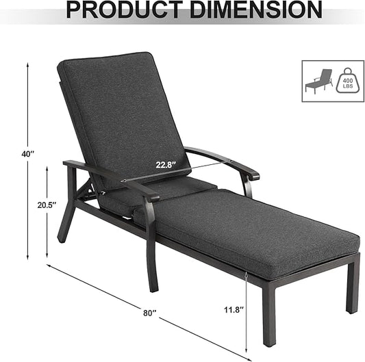 Chaise Lounge Chair Outdoor with Wheels, Cast Aluminum Tanning Chair with Grey Cushion, for Outside Beach Patio Pool Lawn with Adjustable 5 Position Recliner, 1 Pack