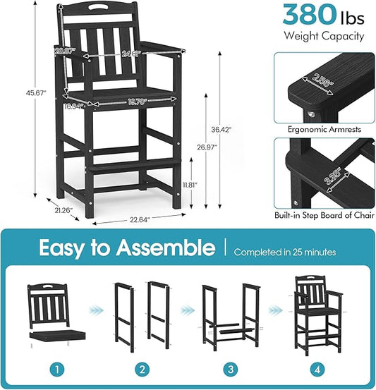 Ciokea Heavy Duty Bar Height Chair, 380lbs Outdoor Adirondack Tall Bar Chair Patio Stool with Arms & High Back, Heavy Duty All-Weather for Balcony, Poolside, Deck and Garden, Black