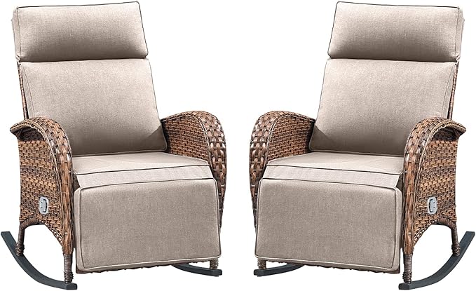 Belord Zero Gravity Swivel Rocking Recliner Chair - Wicker Outdoor Rocking Chairs Set of 2 with Adjustable Backrest & Footrest, Reclining Lounge Chair with Thick Cushion for Pool Deck Garden Beige
