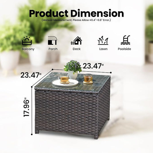 ovios Outdoor Side Table with Tempered Glass Top, Patio Wicker Rattan Coffee End Tables for All-Weather Porch Deck Balcony Garden Poolside (Brown-Medium Size)
