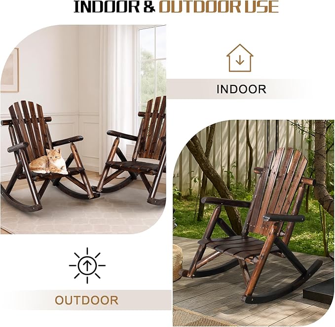 Outvita Wooden Rocking Chair Set of 2, Fir Log Adirondack Rocker, Outdoor Wood Accent Furniture Lounge Chairs for Garden Patio Backyard Porch (Dark Brown)