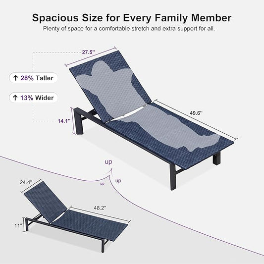PURPLE LEAF Oversize Patio Wicker Chaise Lounge 2 Piece, Aluminum Outdoor Pool Lounge Chair with Adjustment Backrest, Breathable Lounger Sunbath Tanning Recliner for Poolside, Garden, Navy Blue