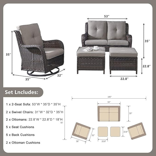 Rilyson Wicker Patio Furniture Set - 5 Piece Rattan Outdoor Sectional Conversation Sets with 2 Rocking Swivel Chairs,2 Ottomans and 1 Loveseat for Porch Deck Garden(Brown/Grey)