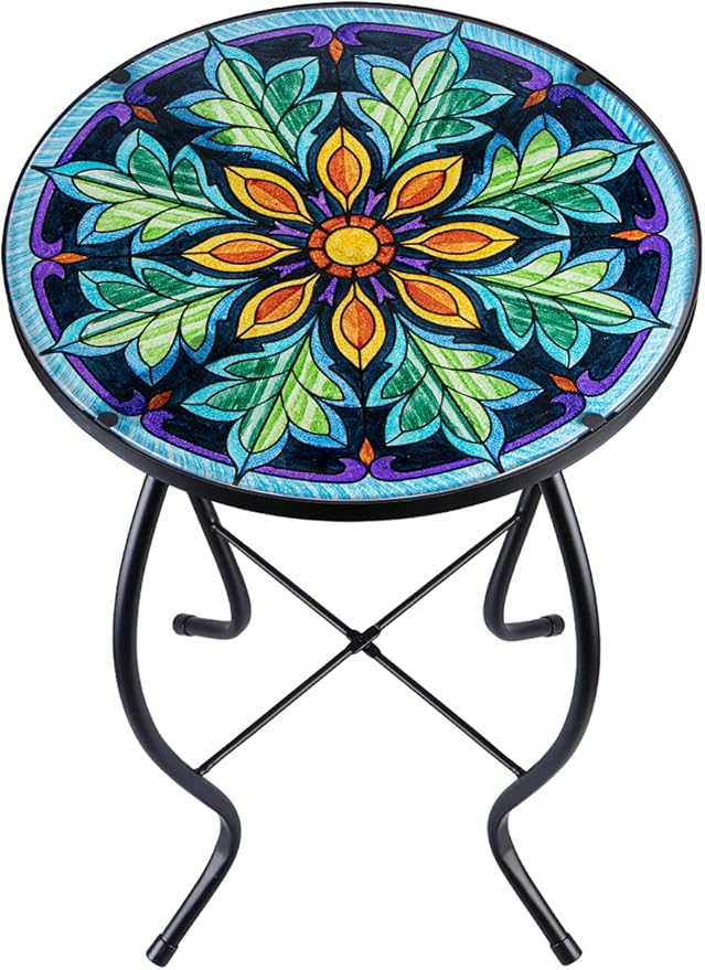 VCUTEKA Outdoor Side Table Mosaic End Table Patio Side Table Small End Table Glass Top Round Balcony Coffee Table Porch Indoor Glass Top