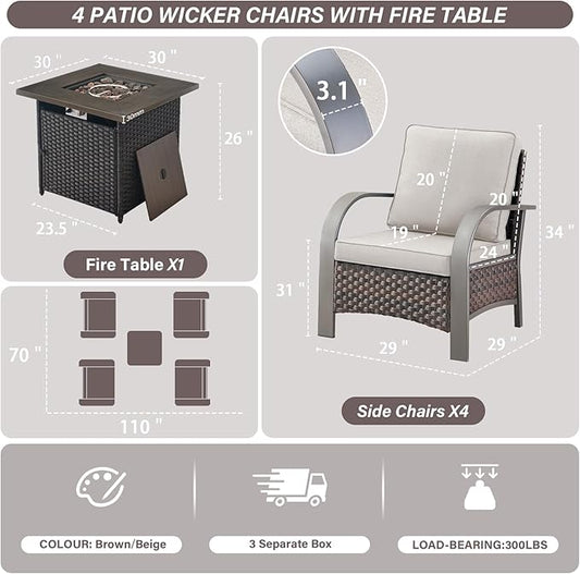 Belord 5 Piece Patio Furniture Set with Fire Pit Table - Outdoor Conversation Set with Propane Fire Pit and 4 Wicker Chairs for Backyard Patio or Casual Gathering Brown