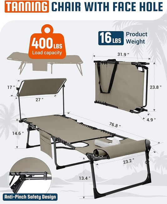 KingCamp Lounge Chair with face Hole & Canopy Shade, 400LBS Folding Portable Tanning Chair with face Hole, Adjustable 5-Position Foldable Beach Sun Tanning Chair for Outside Beach Patio Outdoor Pool