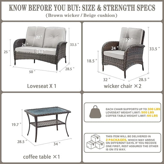 Belord Outdoor Wicker Loveseat Furniture Set of 4 with Coffee Table for Porch Deck Balcony, 4 Pieces Rattan Outdoor Conversation Sets Include 2 Club Chairs 1 Loveseat Couch 1 Coffee Table Brown/Beige