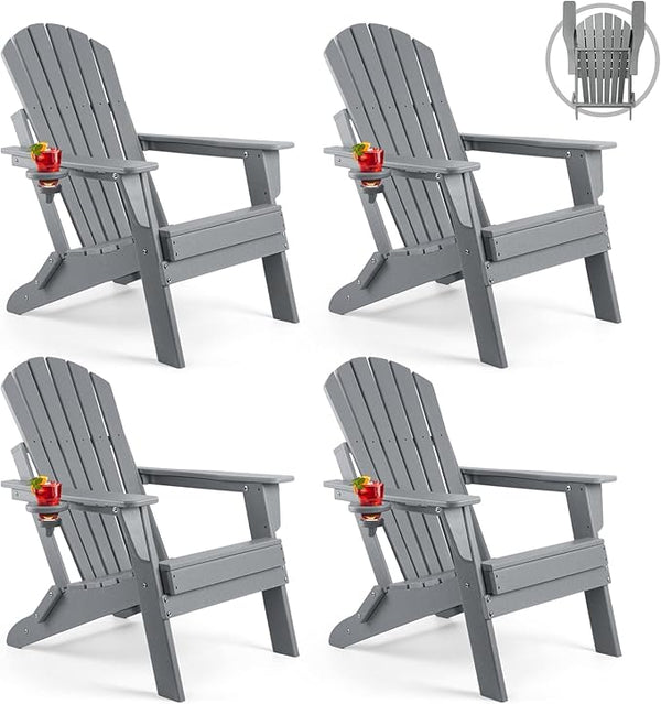 FUNBERRY Folding Adirondack Chair Set of 4, All Weather HDPE Fire Pit Chairs with Cup Holder for Outdoor - Photo 1