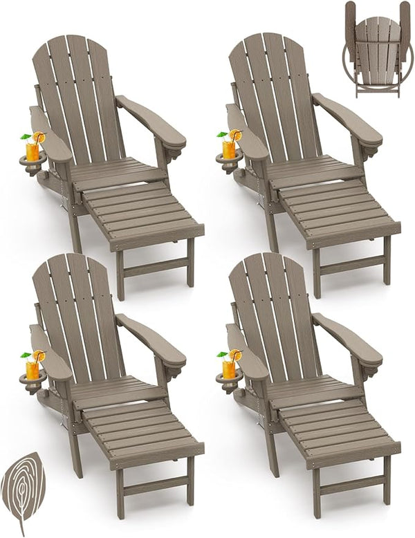 GREENVINES Adirondack-Chairs-with-Ottoman | Set of 4 | Wood Grain | Folding | Retractable-Footrest | HDPE Plastic - Photo 1