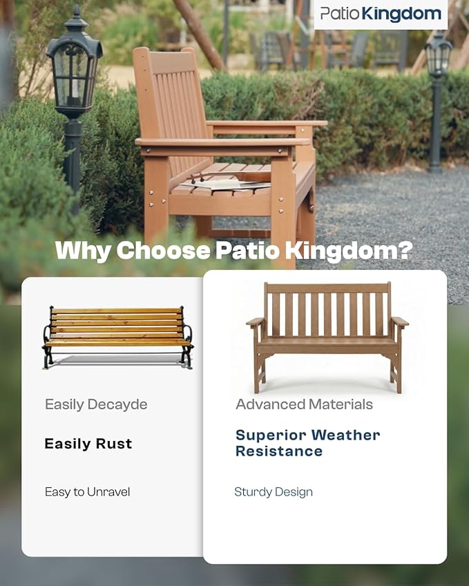 HDPE Garden Bench, All Weather 2-Person Outdoor Benches, Rust Free & Fade Resistant Patio Benches for Garden, Porch, Backyard, Deck, Lawn, Balcony, Poolside (Teak, 1 Beach)