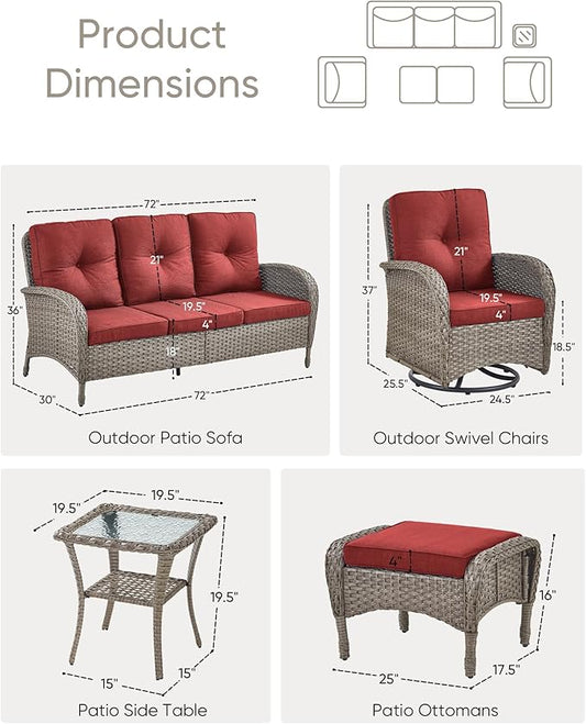 6 Pieces Outdoor Furniture-Patio Swivel Rocker Chairs Set of 2 3-Seater Wicker Couch with Outdoor Ottoman Outdoor Patio Furniture Set for Deck Porch Garden Balcony Poolside-Grey/Red