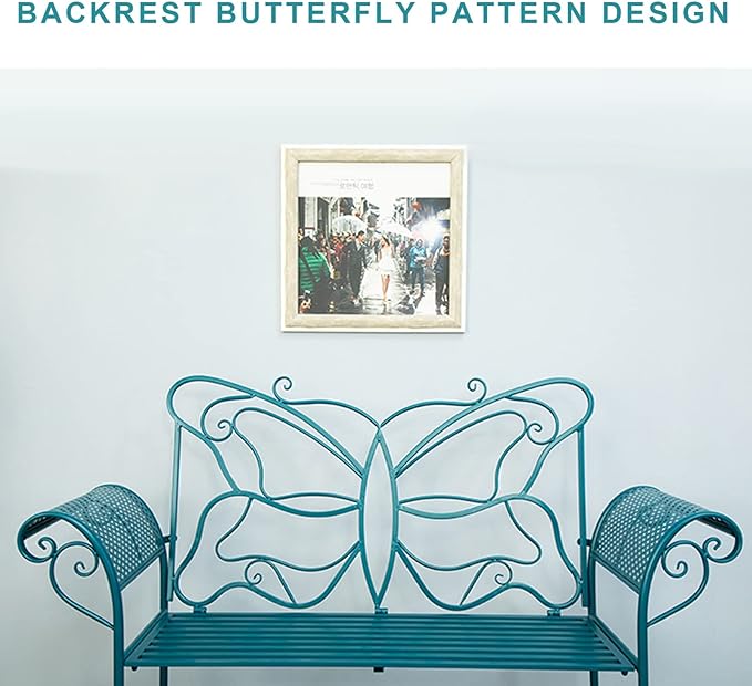 Small Outdoor Bench for Porch Metal Garden Benches with Butterflies Pattern Backrest and Armrests for Garden, Porch, Yard (White, Black, Blue) (Color : Blue)