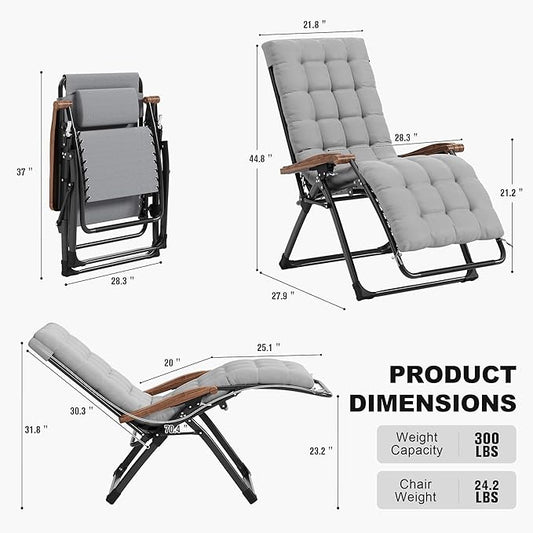 PURPLE LEAF Oversized Outdoor Reclining Chair Set of 2 Patio Zero Gravity Chaise Lounge Folding Chair with Removable Cushion Adjustable Headrest for Lawn Camping Beach Pool Grey