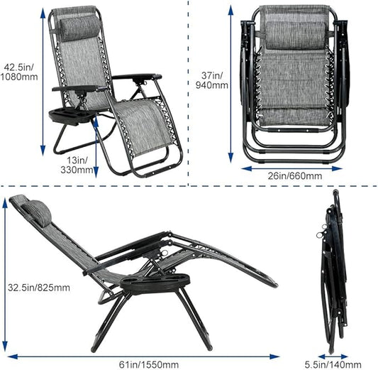 Dkeli Zero Gravity Chair Patio Chair Lounge Chair Chaise 2 Pack Outdoor Folding Adjustable Recliner Chair with Cup Holder Tray and Pillows for Patio, Pool, Beach, Lawn, Deck, Yard - Grey