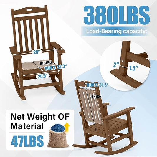 YEFU Outdoor Rocking Chairs Set of 4: Porch Rocking Chairs-Outdoor Patio Rockings Chair-Oversized Rocker Chair-All Weather Poly Rocker Lawn Chair for Adult-Seat Area 22"x21"-Backrest Height 31"-Teak