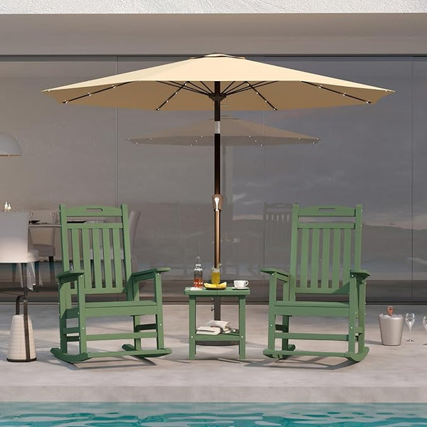 Aruba Blue 4-Piece Outdoor Rocking Chair Set – 2 HDPE Rocking Lawn Chairs, Side Table & Beige 9FT Patio Umbrella - Photo 1