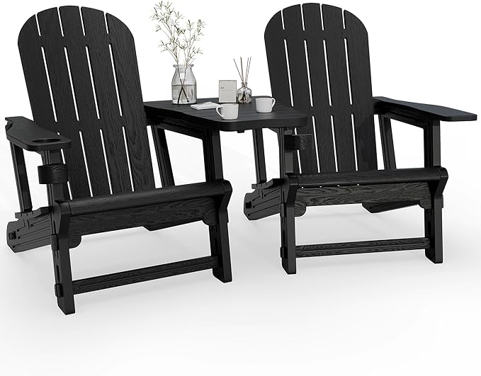 Vongrasig Adirondack Chairs Set of 2 with Removable Tabletop, All-Weather HDPE Outdoor Chair Set with Wooden Textured, Cup Holder for Patio, Poolside, Deck, Garden, Black