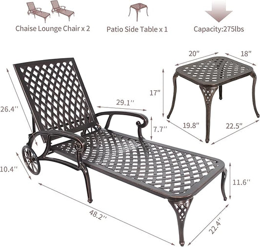 Chaise Lounges Outdoor - Lounge Chairs for Outside Set of 3 Pool Tanning Chair Adjustable Patio Reclining Cast Aluminum for Beach Yard, Antique Bronze