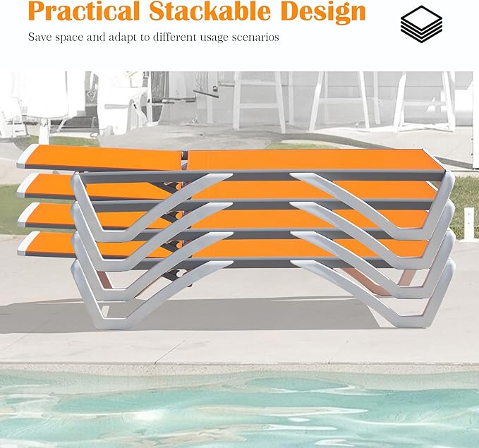 Domi Outdoor Lounge Chair, Aluminum Patio Chaise Lounge with 5 Position Adjustable Backrest and Wheels, All Weather Reclining Chair for Patio, Yard, Balcony, Poolside (Orange)