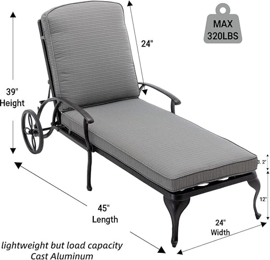 Chaise Lounge Outdoor Chair with Wheels, Adjustable Reclining Rust-Resistant Aluminum Cast Poolside Chaise Lounge Furniture with Waterproof Grey Cushion (1pc)